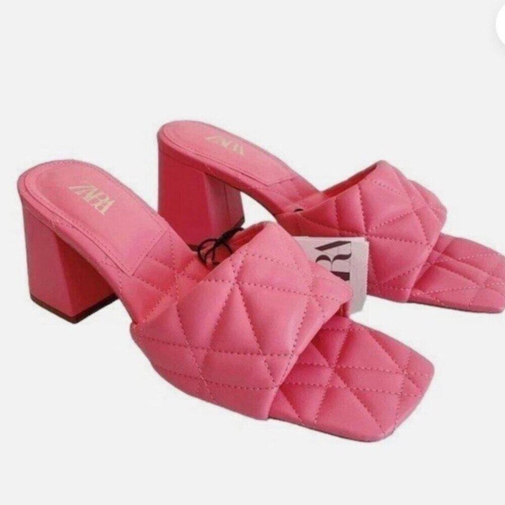 Zara Sandals Wide Heeled Quilted Pink kitten heals size 36 (6.5) - Picture 2 of 4